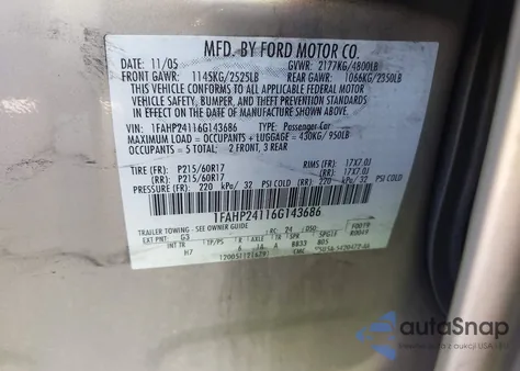 2006 Ford Five Hundred Sel from USA, damaged, VIN 1FAHP24116G143686